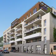 Résidence de six étages intégrée au quartier avec matériaux nobles et teintes naturelles.