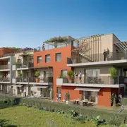Bâtiment à taille humaine intégré dans un quartier résidentiel, offrant des espaces extérieurs privatifs et végétalisés.