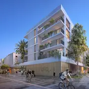 Façade claire et moderne aux lignes épurées, caractéristique d'une architecture urbaine contemporaine.