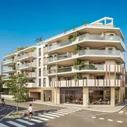 Façades aux lignes épurées avec matériaux de qualité, vues dégagées. Terrasse pour chaque appartement.