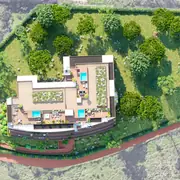 L'implantation optimise l'intégration paysagère grâce aux toitures aménagées et aux jardins privatifs.