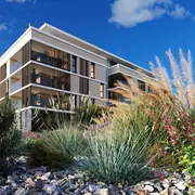 Vue extérieure sur la résidence neuve intégrée dans un espace paysagé avec plantes et rochers décoratifs.