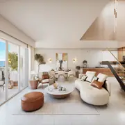 Espace séjour lumineux avec large baie vitrée donnant sur le balcon-loggia.