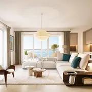Espace de vie intérieur aux finitions haut de gamme ouvert largement sur l'horizon maritime.