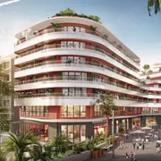 panorama de la façade principale intégrée dans son environnement urbain local.