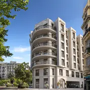 Perspective du bâtiment montrant les balcons aux courbes douces en harmonie avec le quartier.