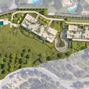 Vue aérienne du plan masse indiquant l'implantation des deux bâtiments, parkings et zones végétalisées.