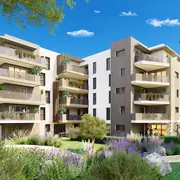 Conception architecturale soulignant les façades claires et l'intégration harmonieuse de la végétation environnante.