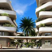 L'architecture moderne déploie des lignes souples et des balcons suspendus intégrant des jardinières. Une majestueuse entrée relie l'espace paysager intérieur à l'espace urbain.