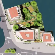 L'aménagement global révèle trois bâtiments distincts articulés autour d'un grand jardin central. L'organisation spatiale intègre des cheminements piétons fluides et des accès en sous-sol.