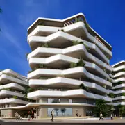 Les strates horizontales des étages allègent la verticalité des bâtiments tout en intégrant la verdure. Le rez-de-chaussée accueille des espaces commerciaux favorisant la vie de quartier.